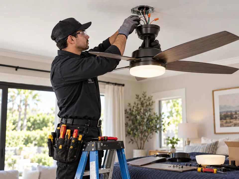 Electrician installing a ceiling fan in a bright living room
