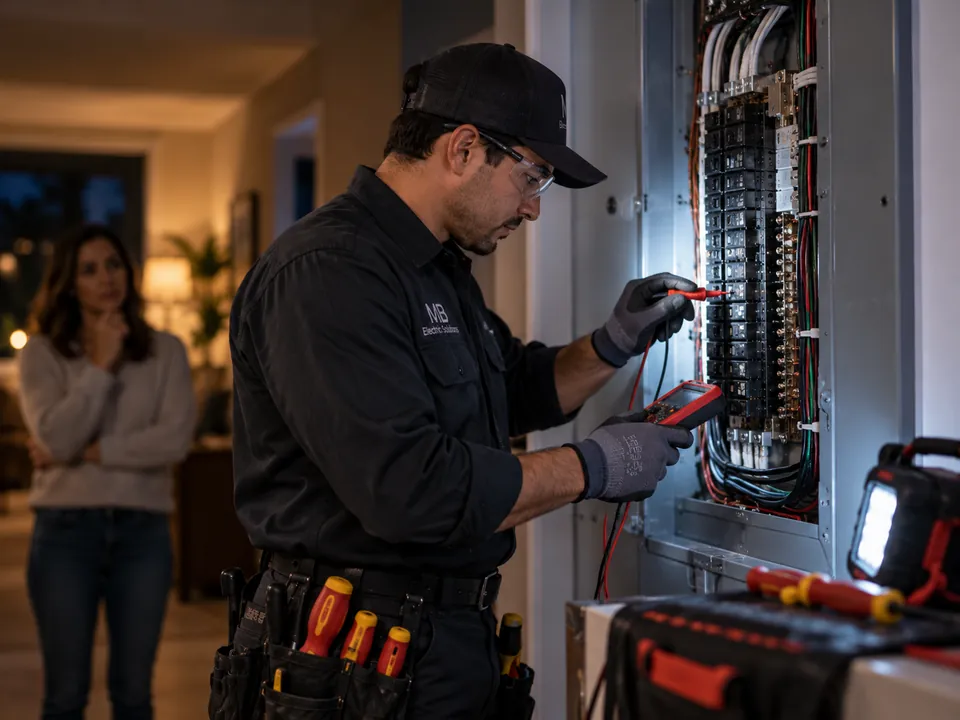 Electrician testing a breaker panel in the evening while the homeowner waits in the hallway