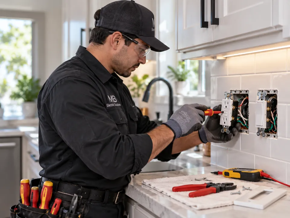Electrician replacing an outlet in a kitchen backsplash