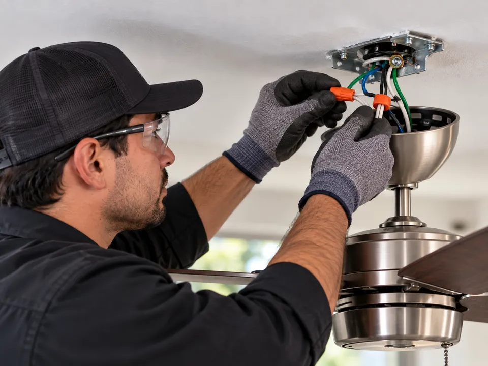 Electrician connecting the wires of a ceiling light fixture