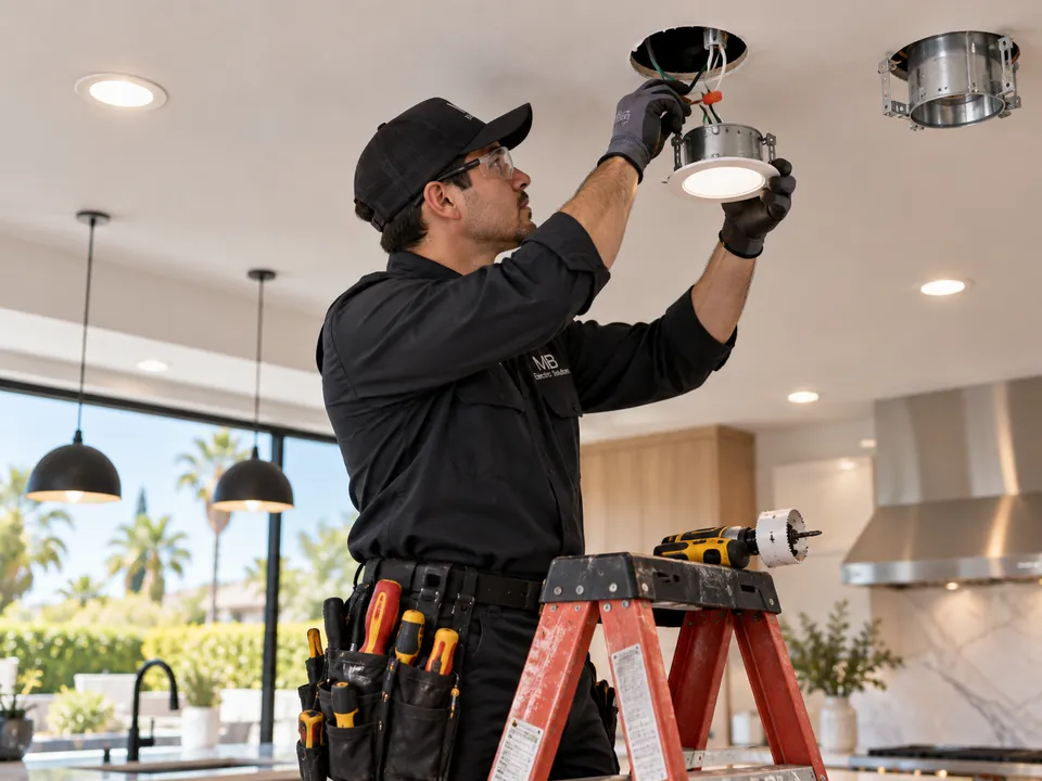 Electrician on a ladder installing a recessed light in a kitchen ceiling